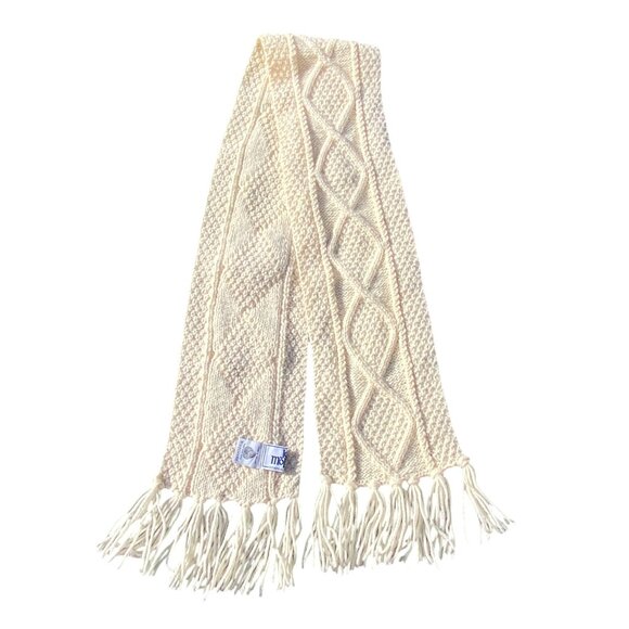 Vintage John Molloy Ireland Cable Knit Wool Scarf Ivory Aran Fringe Fisherman - Picture 6 of 11